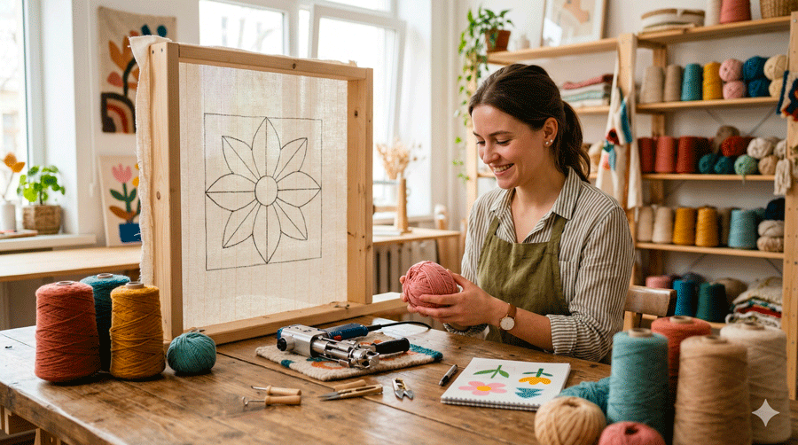 Tufting débutant dans un atelier créatif avec cadre, laine et pistolet
