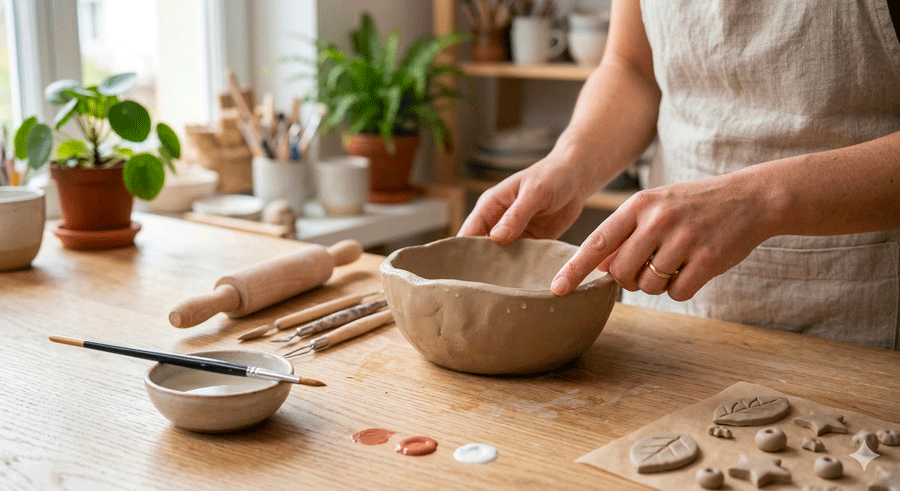 création pâte autodurcissante en cours avec mains qui lissent une coupelle DIY