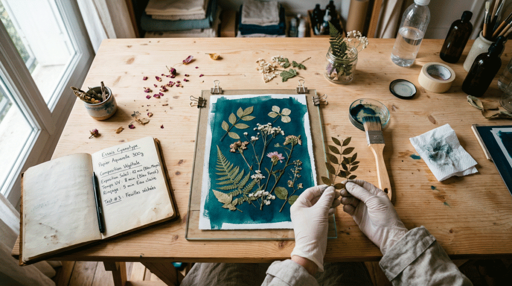 Test de cyanotype maison en cours de préparation sur une table d’atelier créatif