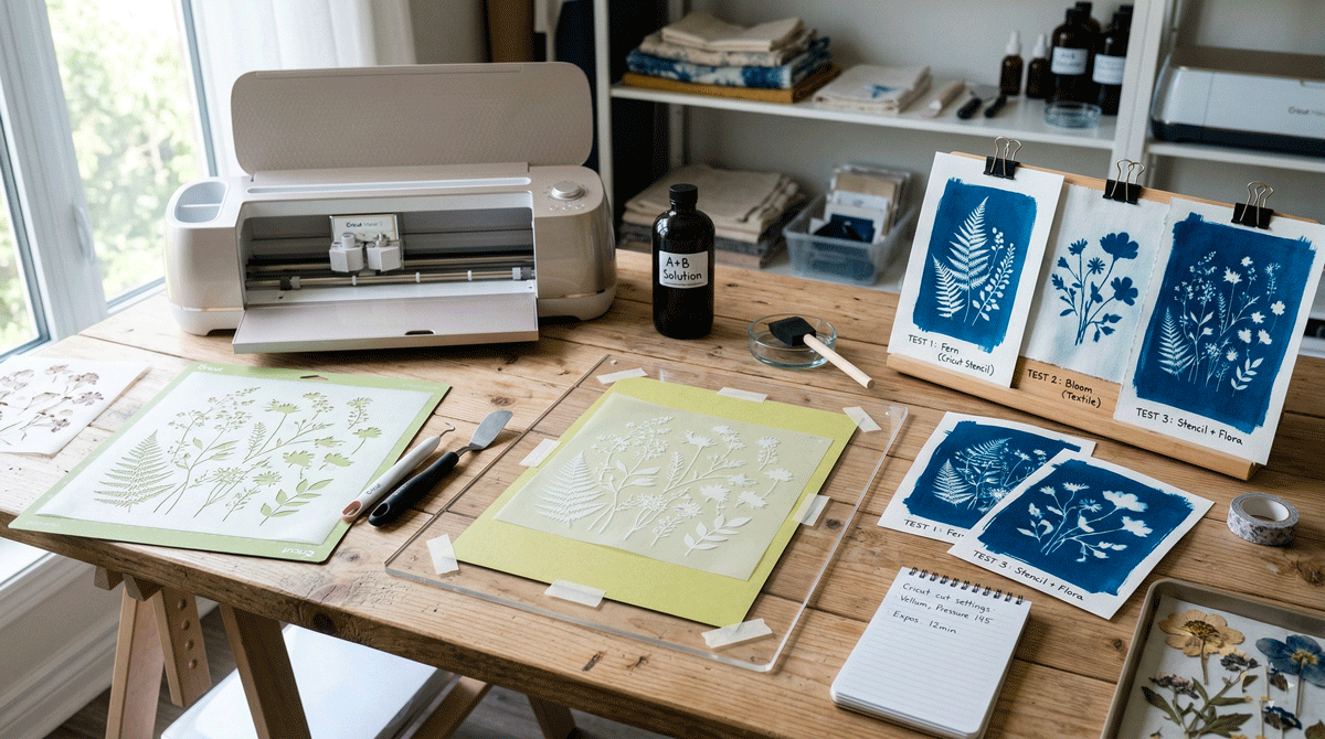 Test de cyanotype maison avec pochoirs précis découpés à la Cricut Maker