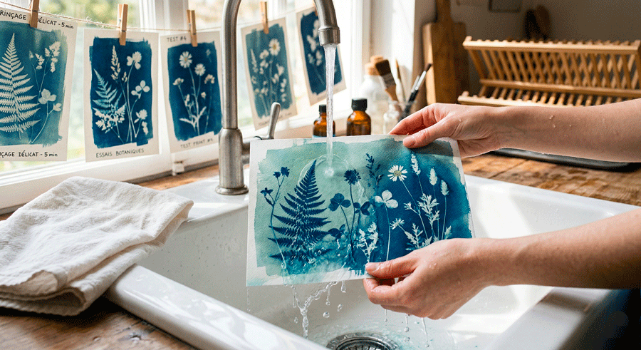 Rinçage d’un cyanotype maison après exposition pour révéler l’impression bleue