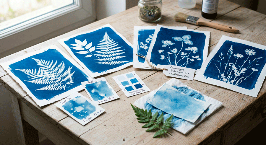 Résultats d’un test de cyanotype maison avec feuilles et fleurs pressées