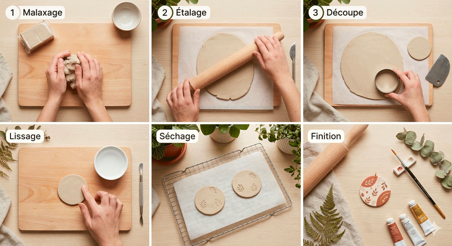 création pâte autodurcissante étape par étape avec pâte étalée, découpe et objet final