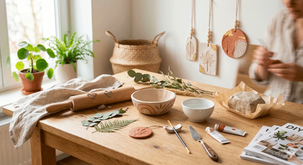 création pâte autodurcissante sur table de loisirs créatifs avec outils et objets décoratifs