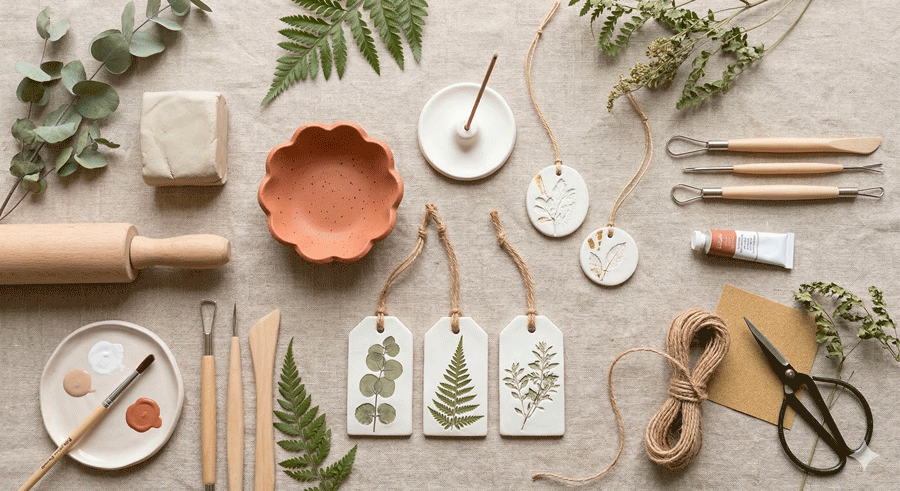 création pâte autodurcissante en flat lay avec vide-poche, suspensions et accessoires créatifs