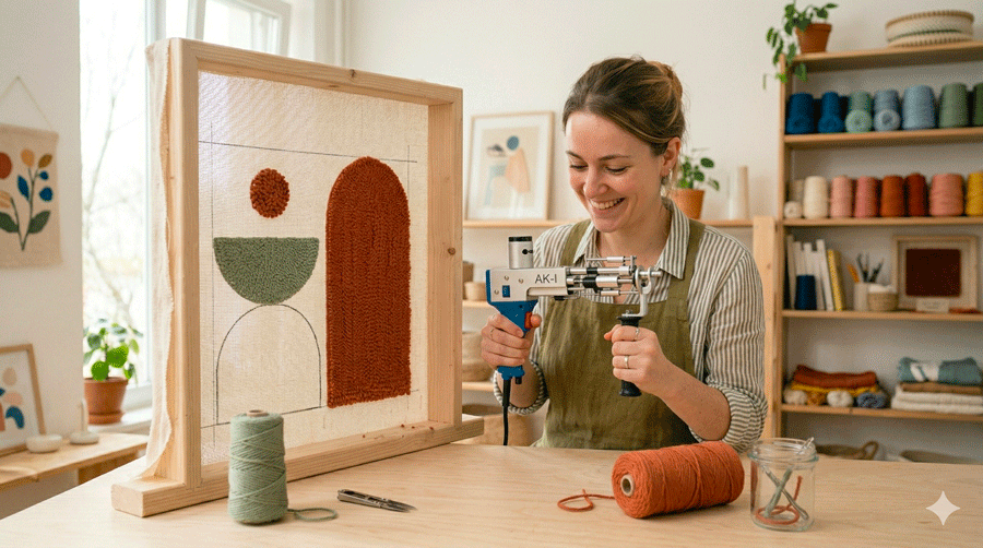Pistolet de tufting pour débutant utilisé sur une toile bien tendue