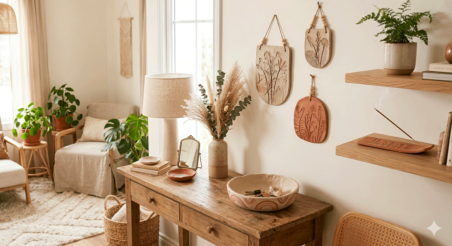 création pâte autodurcissante intégrée dans une décoration intérieure bohème chic