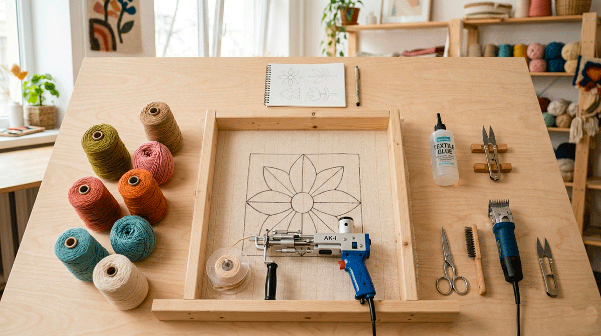 Matériel de tufting débutant avec toile, cadre, pistolet et pelotes de laine