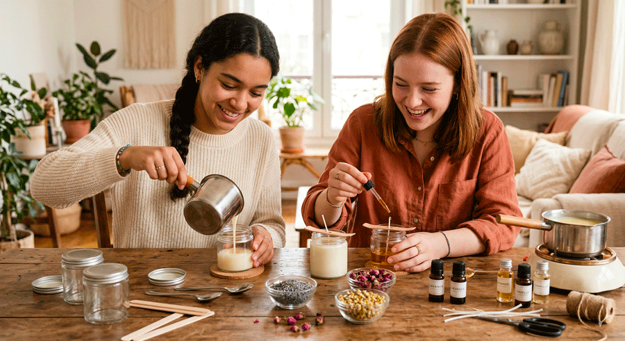 Deux personnes faisant une activité manuelle en couple de bougies parfumées