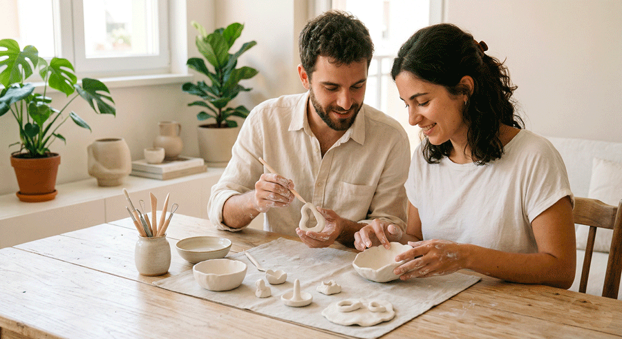 Deux personnes faisant une activité manuelle en couple en pâte autodurcissante