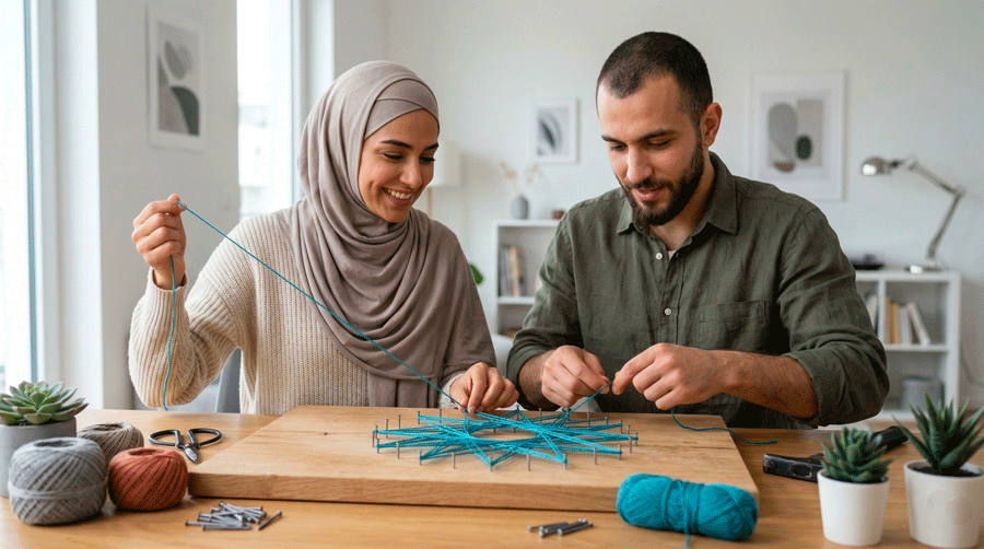 Deux personnes faisant une activité manuelle en couple de string art