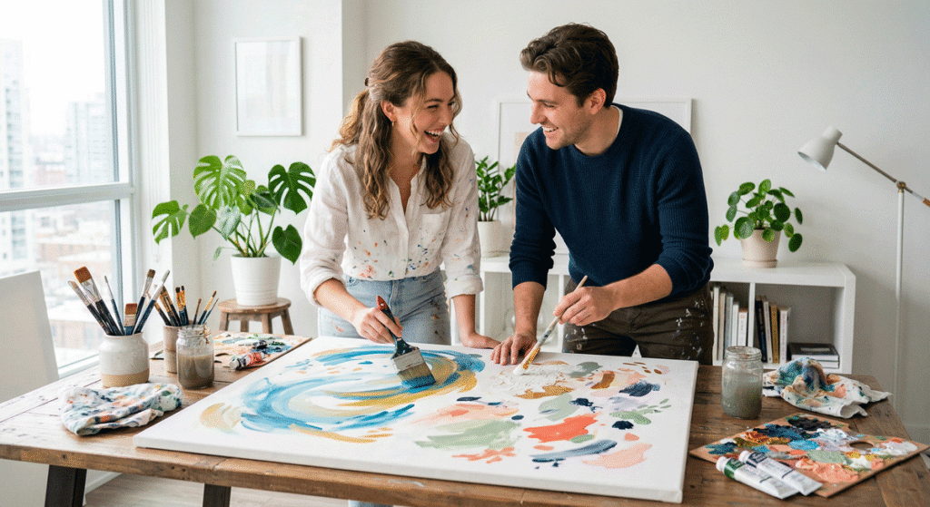 Deux personnes faisant une activité manuelle en couple de peinture sur toile
