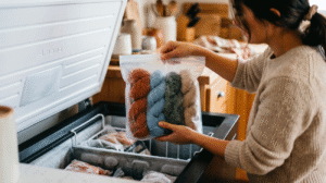 Personne qui congèle sa laine et ses fils avant de tricoter