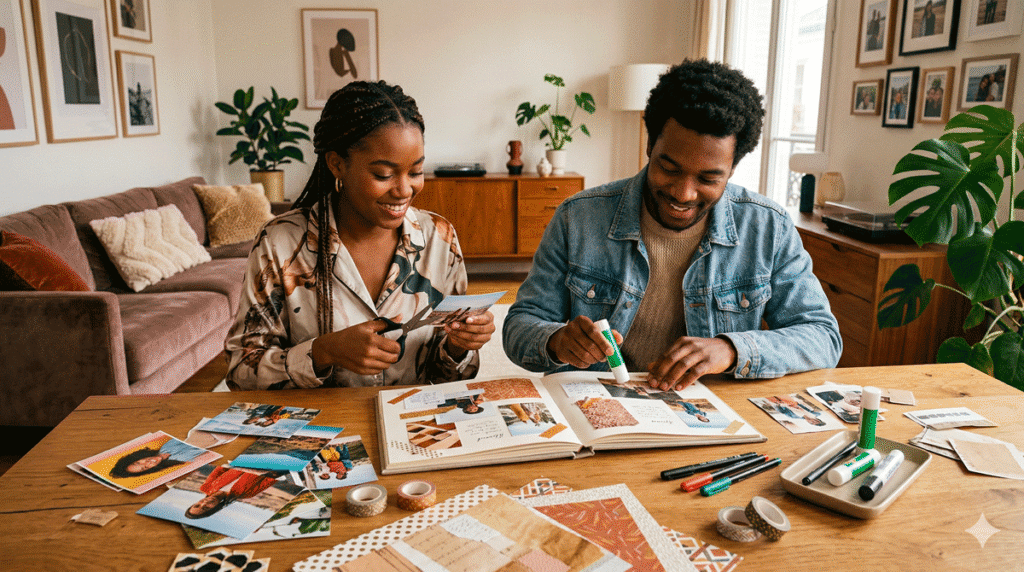 Deux personnes faisant une activité manuelle en couple de scarpbooking