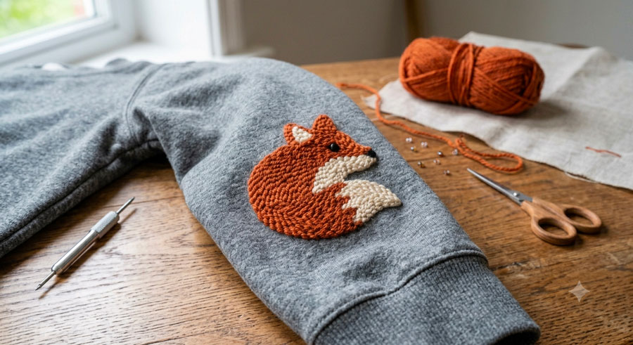 Sweat personnalisé avec motif renard réalisé en punch needle