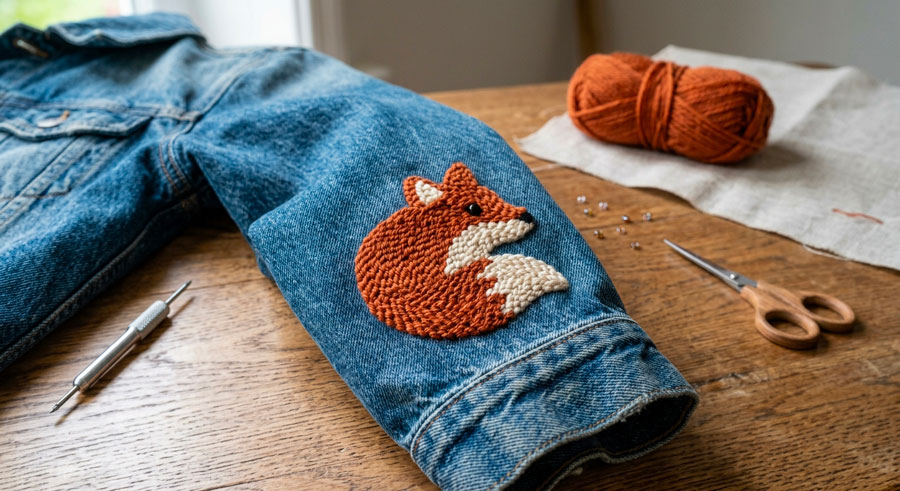 Veste customisée avec une création en punch needle