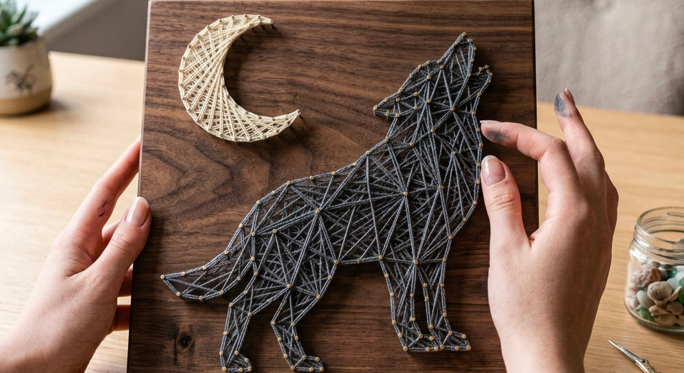 Mon premier String Art motif loup réalisé main sur planche de pin avec fil coton gris
